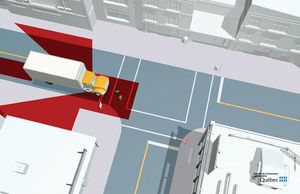 Illustration montrant deux piétons dans l'angle mort d'un camion porteur