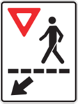 Sign with a pedestrian, an arrow and a “yield” symbol. This sign indicates a pedestrian crosswalk.