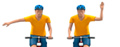 Illustration d'un cycliste vu de face qui indique les deux façons de signaler son intention de tourner à droite&nbsp;: 1. le bras droit tendu à l'horizontale et 2. l'avant-bras gauche levé à 90 degrés.