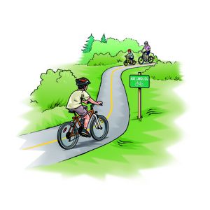 Illustration of cyclists riding on a bike path.