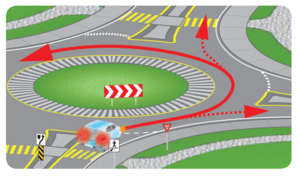 Illustration indiquant qu'avant de s’engager dans un carrefour giratoire, il faut céder le passage aux piétons et aux véhicules circulant déjà dans le carrefour.