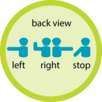 Illustration of a cyclist seen from behind and using hand signals to communicate his intentions: 1. the left arm held out horizontally to signal a left turn; 2. the left forearm held up at a 90 degree angle to signal a right turn; 3. the right arm held out horizontally to signal a right turn; 4. the left arm held out low and diagonally to signal a stop.