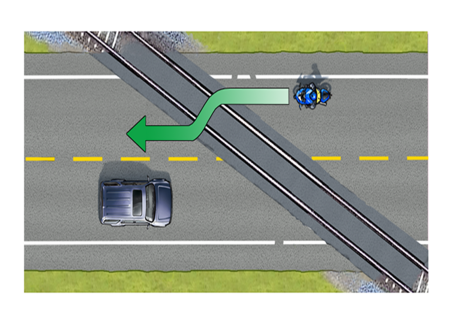 Illustration montrant une voie ferrée en diagonale sur la route et un scooter qui modifie sa trajectoire avant de la traverser de façon à être à angle droit.