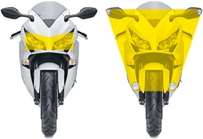 Moto phares feux appoint Illustration comparant les zones visibles de deux motos de face, l’une avec les phares obligatoires seulement et l’autre avec des feux d’appoint ajoutés.