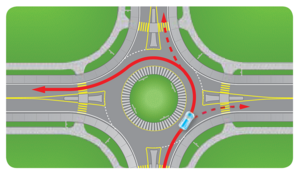 llustration indiquant de s'engager dans le carrefour giratoire dans le sens inverse des aiguilles d'une montre et d'utiliser ses clignotants pour annoncer ses intentions avant de prendre la sortie désirée.