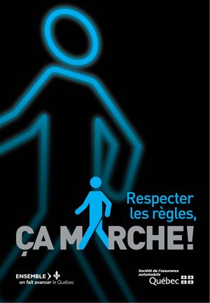 Pieton bleu abribus Affiche « Respecter les règles » installée dans les abribus de la ville de Québec