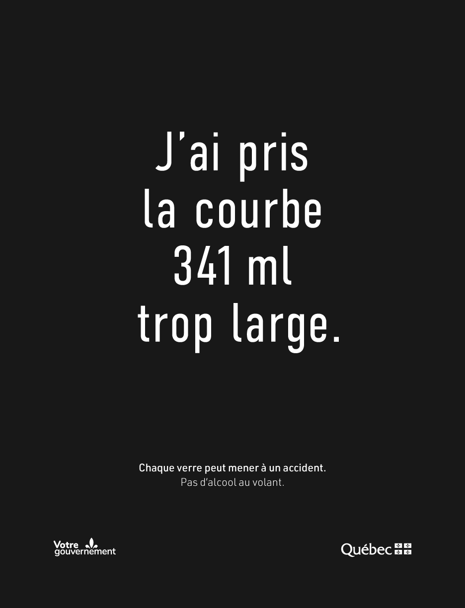 J'ai pris la courbe 341 ml trop large. Chaque verre peut mener à un accident.Pas d'alcool au volant