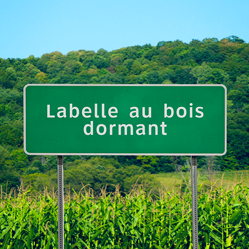 Pancarte de bord de route en campagne avec l’inscription « Labelle au bois dormant ».