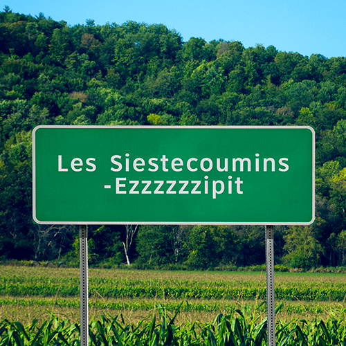 Pancarte de bord de route en campagne avec l’inscription « Les Siestecoumins-ezzzzzzipit ».