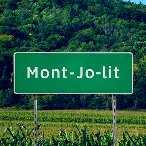 Description alternative : Pancarte de bord de route en campagne avec l’inscription « Mont-Jo-lit ».