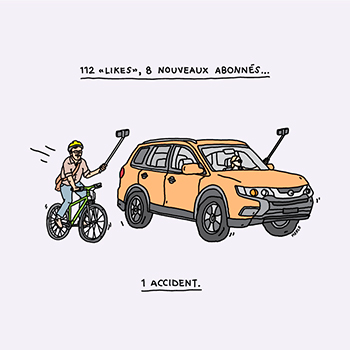 Illustration of a cyclist and a motorist who are both holding selfie sticks with phones mounted at the end. It is written: 112 likes, 8 new followers… 1 accident.