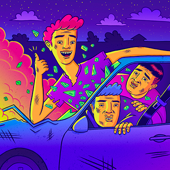 Illustration de 3 amis qui ne sont pas attachés dans un véhicule lors d’un accident.