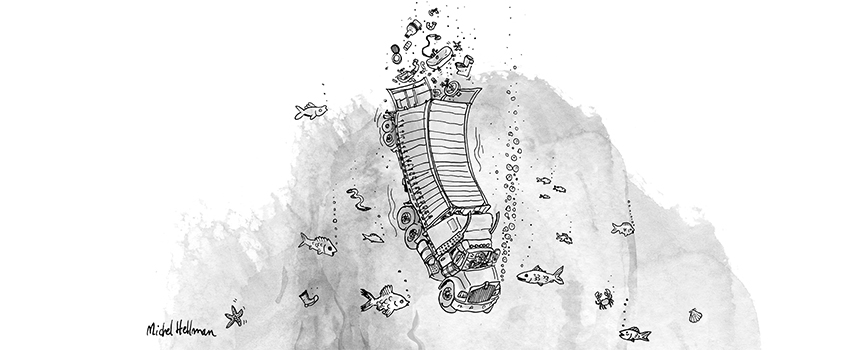 Illustration d’un camion qui se retrouve sous l’eau. Les portes arrière s’ouvrent et des objets sortent du véhicule.