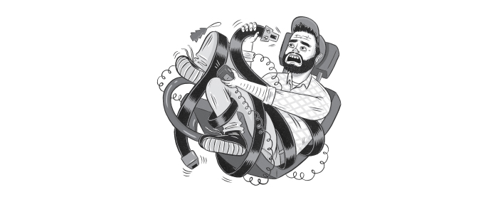 Illustration d’un conducteur apeuré emmêlé dans une ceinture.