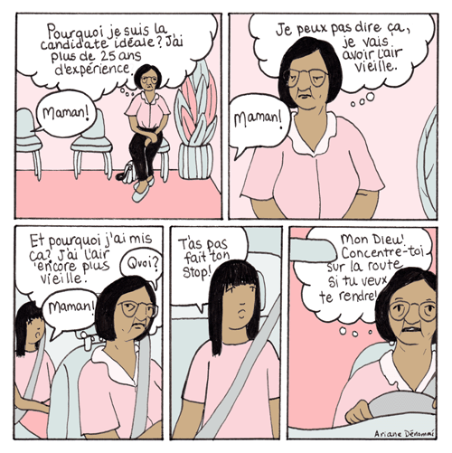 Bande dessinée. Une dame est dans ses pensées. Elle se prépare pour une entrevue d’embauche. Sa fille lui parle au même moment, mais elle ne l’entend pas. On comprend ensuite que la dame est au volant de sa voiture. Elle continue de penser à son entrevue et regrette son choix vestimentaire. Sa fille lui parle encore. Elle lui dit qu’elle n’a pas fait son arrêt. La dame réalise qu’elle est distraite et ne pense pas à sa conduite. Elle se dit qu’elle doit absolument se concentrer sur la route si elle veut se rendre à son entrevue.