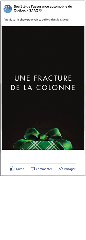 Une fracture de la colonne, personne ne veut ça pour les Fêtes. Pas d'alcool au volant.