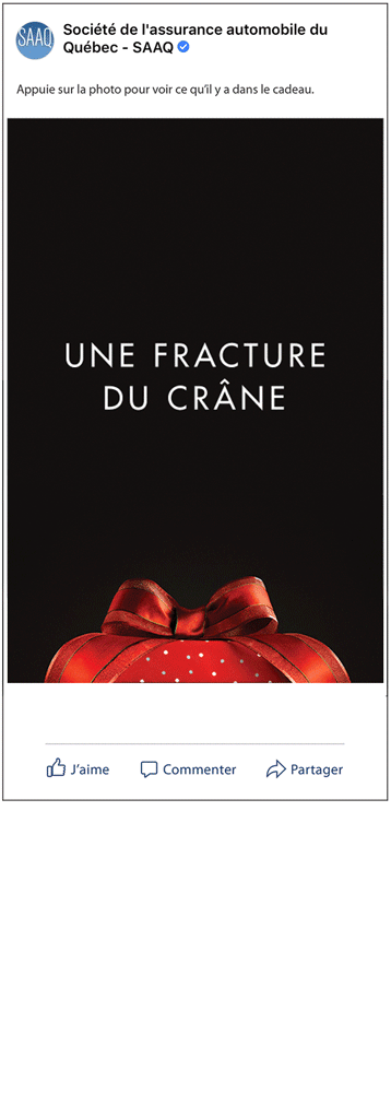 Une fracture du crâne, personne ne veut ça pour les Fêtes. Pas d'alcool au volant.