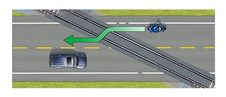 Illustration montrant une voie ferrée en diagonale sur la route et un motocycliste qui modifie sa trajectoire avant de la traverser de façon à être à angle droit.