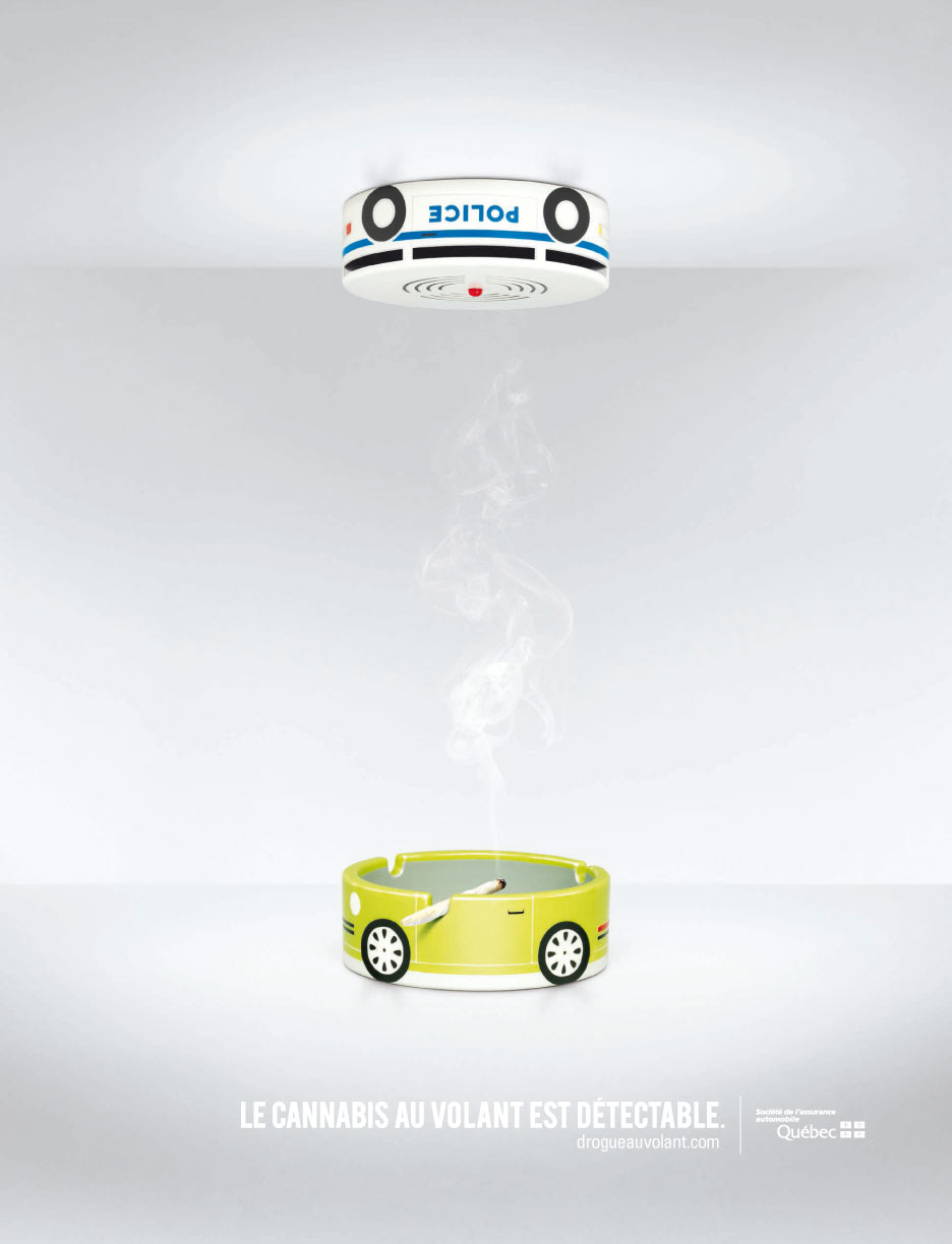 Affiche « Le cannabis au volant est détectable » montrant un cendrier en forme de voiture où brûle un joint, sous un détecteur de fumée en forme de voiture de police