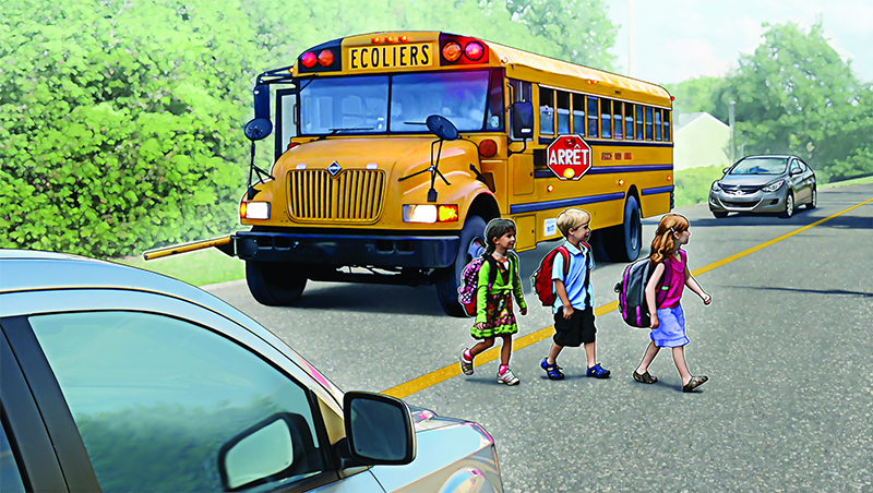 Image showing 2 vehicles stopped on the roadway, schoolchildren crossing the street, and a school bus whose special lights are flashing and whose stop signs are deployed.