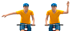 Illustration of a cyclist seen from the front showing the two ways to signal one's intention to turn right: 1. the right arm held out horizontally and 2. the left forearm held up at a 90 degree angle.
